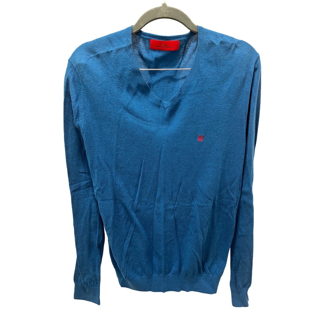 Carolina Herrera CH Mens Teal Blue V-Neck Sweater Elbow Patches Size S